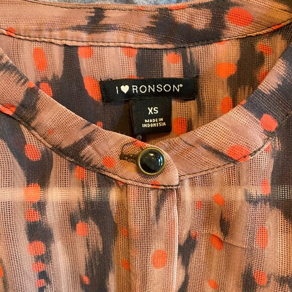 I ❤ Ronson patterned button down semi sheer long sleeve blouse XS - Picture 7 of 8